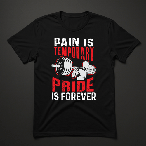 חולצת ספורט שחורה עם כיתוב "Pain is Temporary, Pride is Forever" ודמות של מרים משקולות